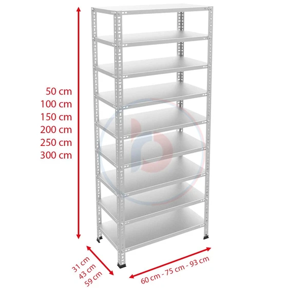 9 Katlı Galvaniz Çelik Raf - Depo, Arşiv, Kiler, Dosya, Market Rafı  31x60 cm 300 cm 0.70 mm - 3