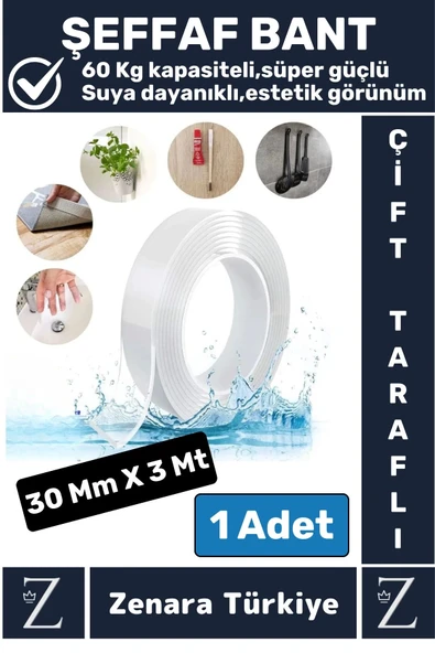 Premium Ultra Güçlü Yüksek Mukavemetli 60 Kg Kapasiteli Nano Çift Taraflı Doku Şeffaf Bant 3 Metre