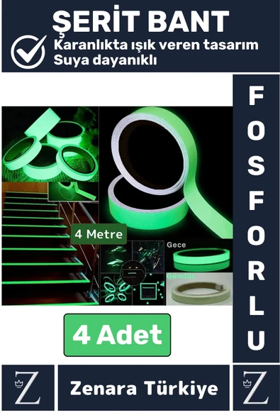 Premium Karanlıkta Işık Veren Suya Dayanıklı Ev Bahçe Merdiven Fosforlu Şerit Bant 4 Metre X 4 Adet