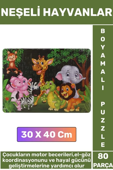 Premium Eğlenceli El Göz Koordinasyonu Motor Becerisi 80 Parça Boyamalı Puzzle NEŞELİ HAYVANLAR ürün görseli