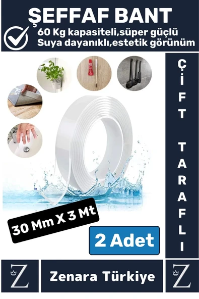 Premium Güçlü Yüksek Mukavemetli 60 Kg Kapasite Nano Çift Taraflı Doku Şeffaf Bant 3 Metre X 2 Adet