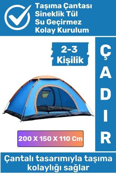 Premium Su Geçirmez Kapı Sineklik Tül Dayanıklı Kolay Kurulum 2-3 Kişilik Çantalı Kamp Deprem Çadırı