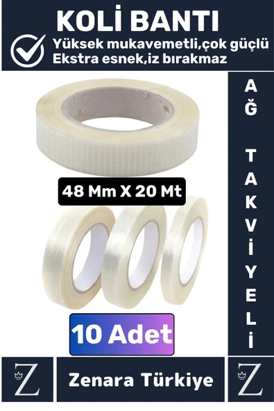 Premium Yüksek Mukavemetli İz Bırakmaz İp Ağ Takviyeli Çok Güçlü Lifli Kopmaz Koli Bandı 20Mt X 10Ad