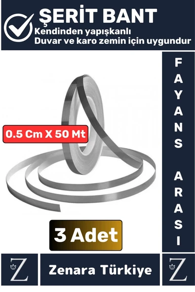 Premium Güçlü Kendinden Yapışkanlı Su Geçirmez Fayans Arası Şerit Derz Bant 0.5 Cm X 50 Metre 3 Adet