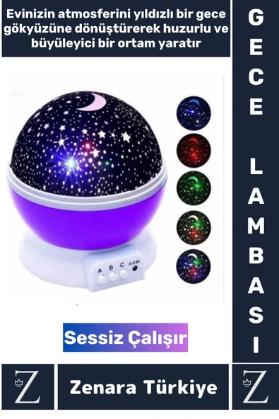 Premium Gece Lambası Tavana Işık Yansıtan Dönen Yıldız Ay Çocuk Genç Odası Lamba Işık Küresi - 1
