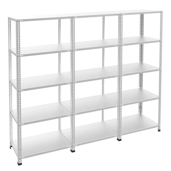 5 Katlı 3'lü Bitişik Galvaniz Çelik Raf - Depo, Arşiv, Kiler, Dosya, Market Rafı, Civatalı Raf Sistemi  43x60 cm 200 cm 0.70 mm