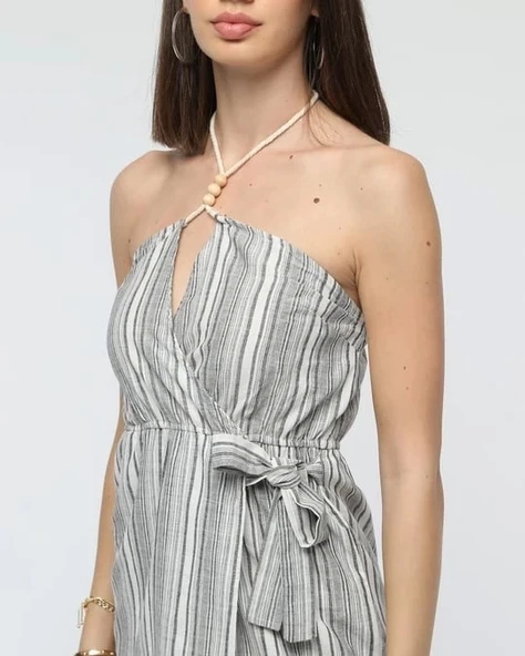 Kuşaklı çizgili mini keten elbise - Resim 7