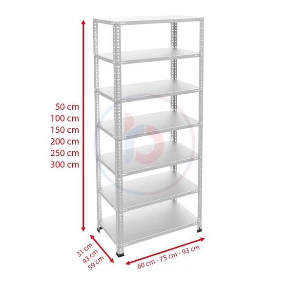 7 Katlı Galvaniz Çelik Raf - Depo, Arşiv, Kiler, Dosya, Market Rafı  31x60 cm 250 cm 1.00 mm - 4