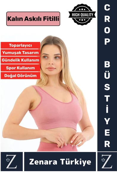 Özel Model Göğüs Toparlayan Sarkma Önleyen Gündelik Spor Kullanım Kalın Askılı Fitilli Crop Büstiyer