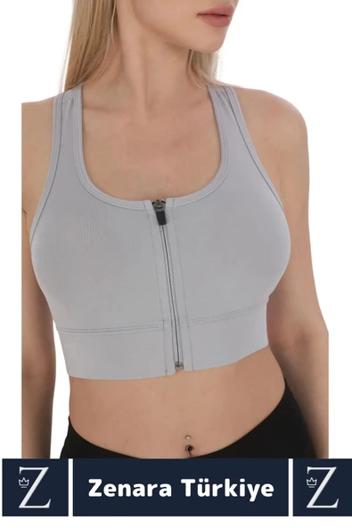 Yüksek Kaliteli Sarkma Önleyen Göğüs Toparlayıcı Spor Gündelik Kullanım Fermuarlı Şık Crop Büstiyer - Resim 3