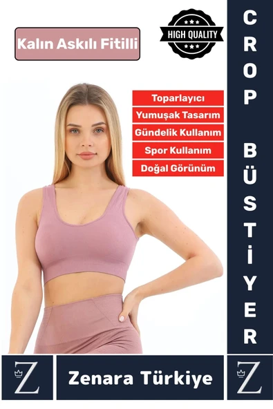 Özel Model Göğüs Toparlayan Sarkma Önleyen Gündelik Spor Kullanım Kalın Askılı Fitilli Crop Büstiyer