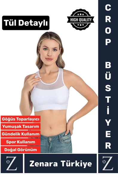 Yüksek Kalite Göğüs Toparlayıcı Sarkma Önleyen Spor Gündelik Kullanım Tül Detaylı Şık Crop Büstiyer