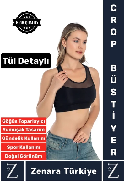 Yüksek Kalite Göğüs Toparlayıcı Sarkma Önleyen Spor Gündelik Kullanım Tül Detaylı Şık Crop Büstiyer