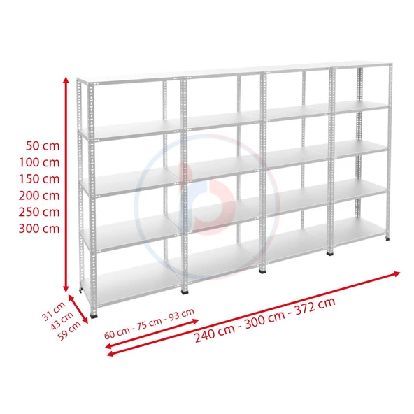 5 Katlı 4'lü Galvaniz Çelik Raf - Depo, Arşiv, Kiler, Dosya, Market Rafı  43x93 cm 200 cm 1.00 mm - Resim 3