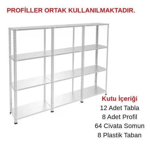 4 Katlı 3'lü Galvaniz Çelik Raf - Depo, Arşiv, Kiler, Dosya, Market Rafı  31x93 cm 200 cm 0.70 mm ürün görseli