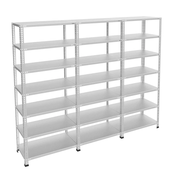 7 Katlı 3'lü Bitişik Galvaniz Çelik Raf - Depo, Arşiv, Kiler, Dosya, Market, Bakkal Rafı  31x93 200 cm 1.00 mm