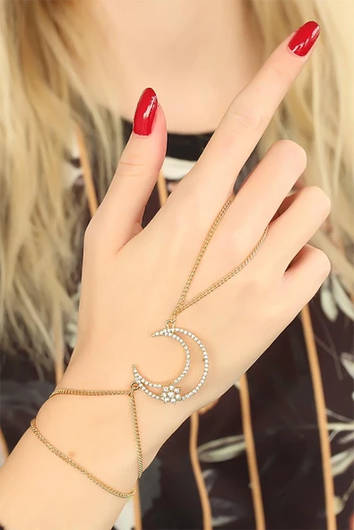 Gold Renk Zirkon Taşlı Ay Tasarım Şahmeran Bileklik - TJ-SN469