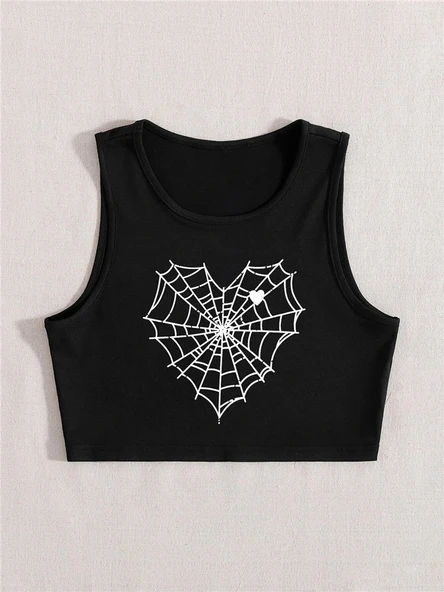 Gotik Örümcek Ağı Kalp Baskılı Crop Top - Siyah - S Beden