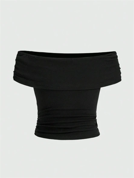 Omuz Dekolteli Pileli Crop Top Tişört - Siyah / M