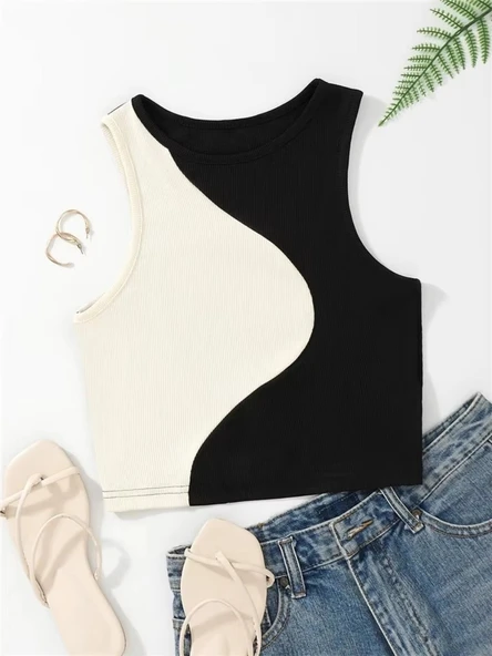 Y2K Patchwork Crop Atlet - Siyah - L Beden