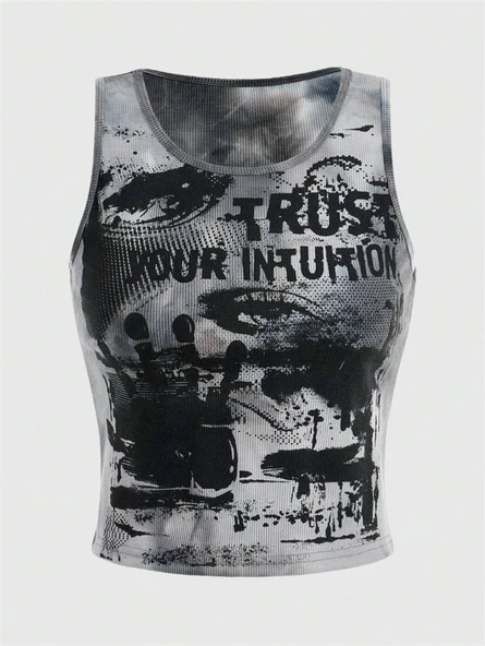 Grunge Punk Batik Göz Baskılı Crop Atlet - Koyu Gri - L