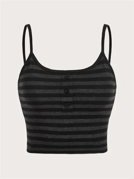 Gotik Punk Çizgili Düğmeli Crop Top - Siyah - S Beden