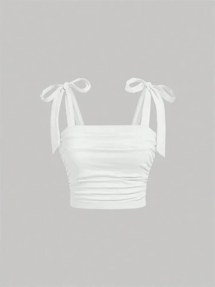 Bağlamalı Büzgülü Crop Top - Beyaz - M