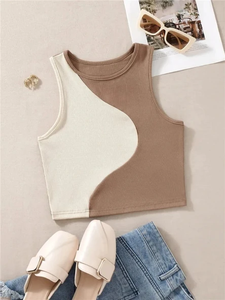 Y2K Patchwork Crop Atlet - Kahverengi - S Beden