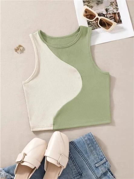Y2K Patchwork Crop Atlet - Açık Yeşil - L Beden