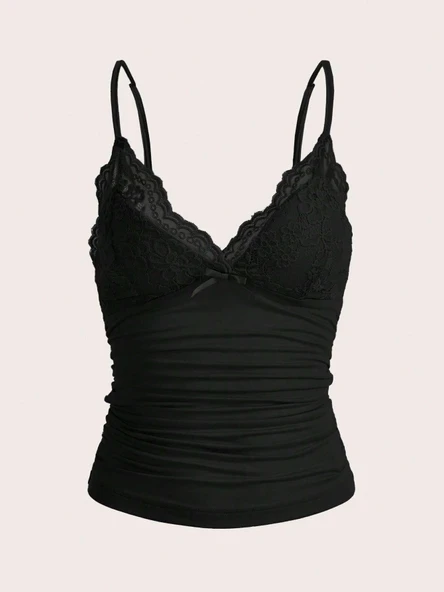 Dantel Fiyonklu Crop Top - Siyah - L Beden