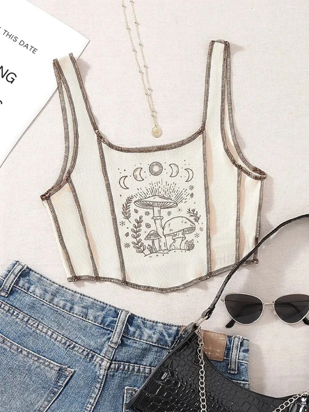 Gotik Grunge Baskılı Kısa Atlet - Bej / L