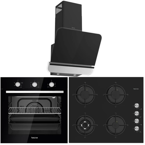 Tecna Siyah Ankastre Set (8402 60 cm Wok Gözlü Cam Ocak-8126 6 Fonksiyon Fırın-Tecna 8871 60 cm Duvar Tipi Davlumbaz)
