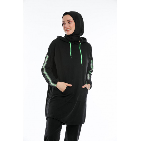CNG MODA Oversize Model Siyah Yeşil Fosforlu Tesettür Eşofman Takımı - 3