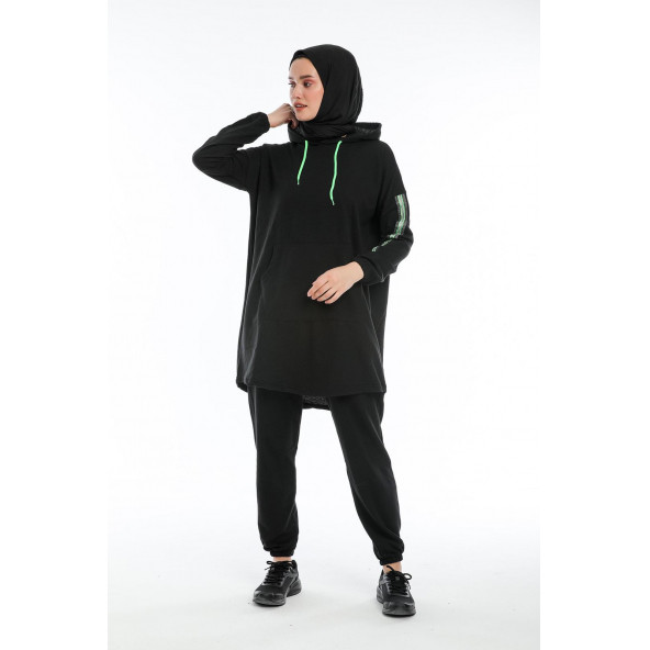CNG MODA Oversize Model Siyah Yeşil Fosforlu Tesettür Eşofman Takımı - 4
