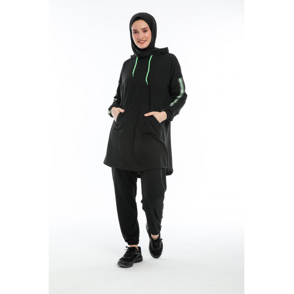 CNG MODA Oversize Model Siyah Yeşil Fosforlu Tesettür Eşofman Takımı - 5