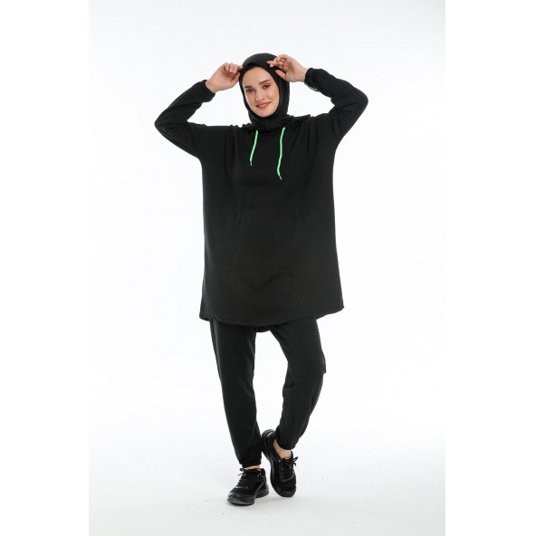 CNG MODA Oversize Model Siyah Yeşil Fosforlu Tesettür Eşofman Takımı - 6