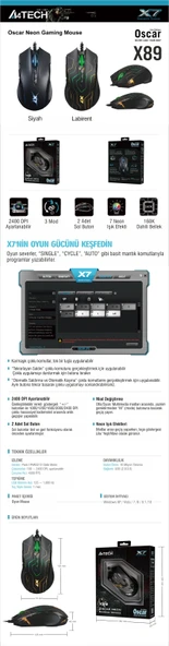 A4-TECH A4 TECH X89 SIYAH-LABIR OPTIK GAMER MOUSE 2400 DPI