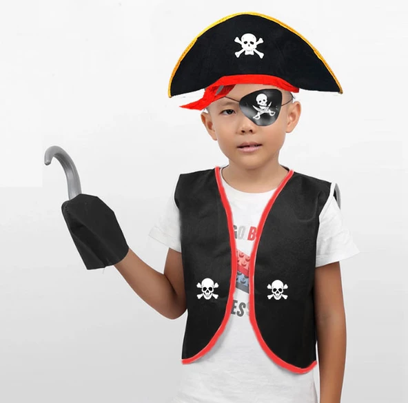 KENPAZAR Korsan Yelek + Şapka + Kanca + Maske Çocuk Boy 4-6 Yaş
