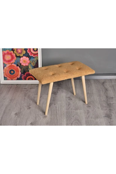 WoodyMaison Retro Ahşap Ayaklı Handmade Çok Amaçlı Kuzu Tüyü Puf Bench Koltuk Sandalye 35*60*42