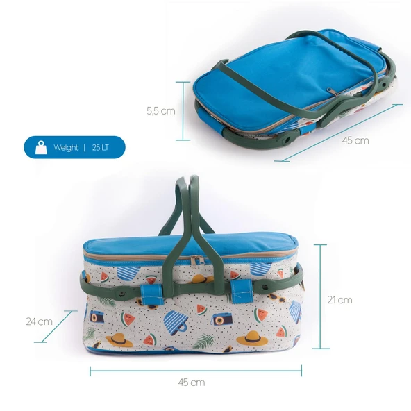 Homedius Termos İzolasyonlu Desenli Katlanabilir Piknik Sepeti 20 LT Mavi - 2