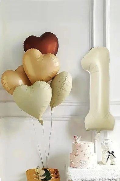 Beysüs 1 Yaş Retro Doğum Günü Balon Seti 5 Adet Kalp Balon