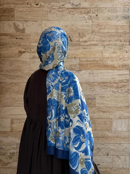 Pamuklu Mimoza Desen Şal- Lacivert/Yağ Yeşil - 3