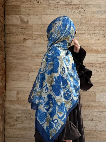 Pamuklu Mimoza Desen Şal- Lacivert/Yağ Yeşil - 4