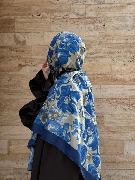 Pamuklu Mimoza Desen Şal- Lacivert/Yağ Yeşil - 2