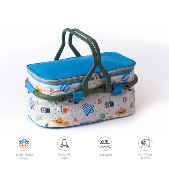 Homedius Termos İzolasyonlu Desenli Katlanabilir Piknik Sepeti 20 LT Mavi