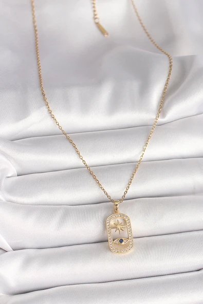 316L Çelik Gold Renk Zincir Zirkon Taşlı Göz Yıldız Model Kadın Kolye - 2