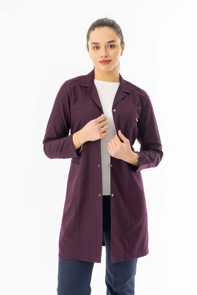 Spor Yaka Uzun Kol Kadın Personel Önlüğü Alpaka Kumaş Mürdüm (RNK109)