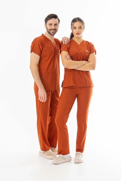 Likra Yarasa Kol Doktor Hemşire Forması Alt Üst Takım Kiremit (LYRS1005) - 9