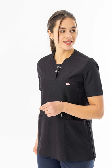 Kısa Kol Hamile Doktor Hemşire Önlüğü Alpaka Kumaş Siyah (HML003) - 3
