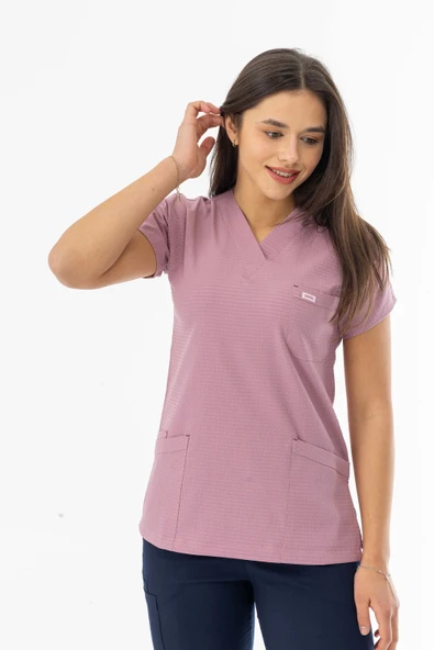 Gofre Likra Yarasa Kol Doktor Hemşire Tek Üst Forma Pembe (GFR3004) - 3